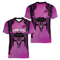 Personalised Moko Kauae New Zealand Women V-Neck T-Shirt Maori Chin Tattoo Pink - Polynesian Pride