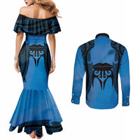 Personalised Moko Kauae New Zealand Couples Matching Mermaid Dress and Long Sleeve Button Shirt Maori Chin Tattoo Blue - Polynesian Pride