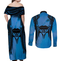 Personalised Moko Kauae New Zealand Couples Matching Off Shoulder Maxi Dress and Long Sleeve Button Shirt Maori Chin Tattoo Blue - Polynesian Pride