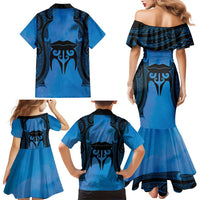 Personalised Moko Kauae New Zealand Family Matching Mermaid Dress and Hawaiian Shirt Maori Chin Tattoo Blue - Polynesian Pride