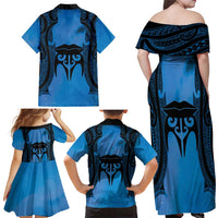 Personalised Moko Kauae New Zealand Family Matching Off Shoulder Maxi Dress and Hawaiian Shirt Maori Chin Tattoo Blue - Polynesian Pride