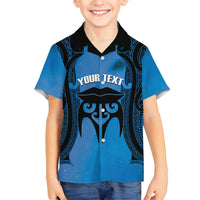 Personalised Moko Kauae New Zealand Family Matching Off Shoulder Maxi Dress and Hawaiian Shirt Maori Chin Tattoo Blue - Polynesian Pride