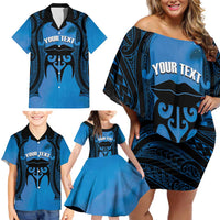 Personalised Moko Kauae New Zealand Family Matching Off Shoulder Short Dress and Hawaiian Shirt Maori Chin Tattoo Blue - Polynesian Pride