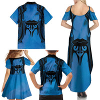 Personalised Moko Kauae New Zealand Family Matching Summer Maxi Dress and Hawaiian Shirt Maori Chin Tattoo Blue - Polynesian Pride