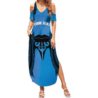 Personalised Moko Kauae New Zealand Family Matching Summer Maxi Dress and Hawaiian Shirt Maori Chin Tattoo Blue - Polynesian Pride