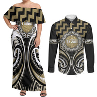 Aotearoa Waikato Tainui Personalised Couples Matching Off Shoulder Maxi Dress and Long Sleeve Button Shirt Maori Iwi Poutama Puhoro Tattoo LT14 Old Yellow - Polynesian Pride