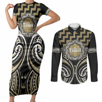 Aotearoa Waikato Tainui Personalised Couples Matching Short Sleeve Bodycon Dress and Long Sleeve Button Shirt Maori Iwi Poutama Puhoro Tattoo LT14 Old Yellow - Polynesian Pride