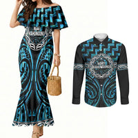 Aotearoa Ngati Kahungunu Personalised Couples Matching Mermaid Dress and Long Sleeve Button Shirt Maori Iwi Poutama Puhoro Tattoo LT14 Turquoise - Polynesian Pride