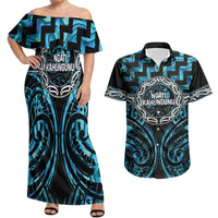 Aotearoa Ngati Kahungunu Personalised Couples Matching Off Shoulder Maxi Dress and Hawaiian Shirt Maori Iwi Poutama Puhoro Tattoo LT14 Turquoise - Polynesian Pride