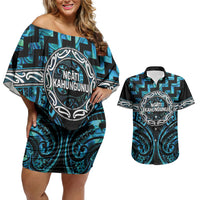 Aotearoa Ngati Kahungunu Personalised Couples Matching Off Shoulder Short Dress and Hawaiian Shirt Maori Iwi Poutama Puhoro Tattoo LT14 Turquoise - Polynesian Pride