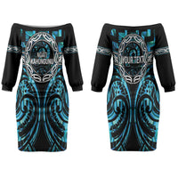 Aotearoa Ngati Kahungunu Personalised Family Matching Off The Shoulder Long Sleeve Dress and Hawaiian Shirt Maori Iwi Poutama Puhoro Tattoo LT14 Mom's Dress Turquoise - Polynesian Pride