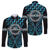 Aotearoa Ngati Kahungunu Personalised Family Matching Off Shoulder Maxi Dress and Hawaiian Shirt Maori Iwi Poutama Puhoro Tattoo LT14 Dad's Shirt - Long Sleeve Turquoise - Polynesian Pride
