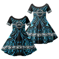 Aotearoa Ngati Kahungunu Personalised Family Matching Short Sleeve Bodycon Dress and Hawaiian Shirt Maori Iwi Poutama Puhoro Tattoo LT14 Daughter's Dress Turquoise - Polynesian Pride