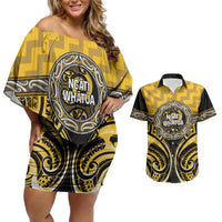 Aotearoa Ngati Whatua Personalised Couples Matching Off Shoulder Short Dress and Hawaiian Shirt Maori Iwi Poutama Puhoro Tattoo LT14 Yellow - Polynesian Pride