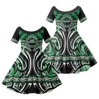 Aotearoa Ngati Maniapoto Personalised Family Matching Off The Shoulder Long Sleeve Dress and Hawaiian Shirt Maori Iwi Poutama Puhoro Tattoo LT14 Daughter's Dress Green - Polynesian Pride