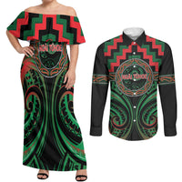 Aotearoa Ngai Tuhoe Personalised Couples Matching Off Shoulder Maxi Dress and Long Sleeve Button Shirt Maori Iwi Poutama Puhoro Tattoo LT14 Green - Polynesian Pride
