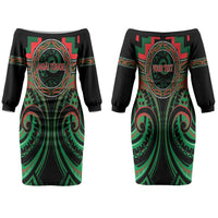 Aotearoa Ngai Tuhoe Personalised Family Matching Off The Shoulder Long Sleeve Dress and Hawaiian Shirt Maori Iwi Poutama Puhoro Tattoo LT14 Mom's Dress Green - Polynesian Pride
