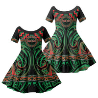 Aotearoa Ngai Tuhoe Personalised Family Matching Off Shoulder Short Dress and Hawaiian Shirt Maori Iwi Poutama Puhoro Tattoo LT14 Daughter's Dress Green - Polynesian Pride