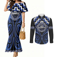 Aotearoa Ngati Tuwharetoa Personalised Couples Matching Mermaid Dress and Long Sleeve Button Shirt Maori Iwi Poutama Puhoro Tattoo LT14 Blue - Polynesian Pride