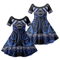 Aotearoa Ngati Tuwharetoa Personalised Family Matching Long Sleeve Bodycon Dress and Hawaiian Shirt Maori Iwi Poutama Puhoro Tattoo LT14 Daughter's Dress Blue - Polynesian Pride