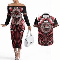 Aotearoa Te Arawa Personalised Couples Matching Off The Shoulder Long Sleeve Dress and Hawaiian Shirt Maori Iwi Poutama Puhoro Tattoo LT14 Red - Polynesian Pride