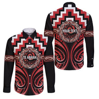 Aotearoa Te Arawa Personalised Family Matching Off Shoulder Maxi Dress and Hawaiian Shirt Maori Iwi Poutama Puhoro Tattoo LT14 Dad's Shirt - Long Sleeve Red - Polynesian Pride