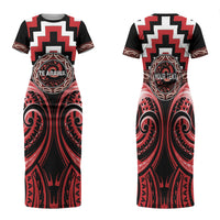 Aotearoa Te Arawa Personalised Family Matching Short Sleeve Bodycon Dress and Hawaiian Shirt Maori Iwi Poutama Puhoro Tattoo LT14 Mom's Dress Red - Polynesian Pride