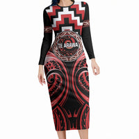Aotearoa Te Arawa Personalised Long Sleeve Bodycon Dress Maori Iwi Poutama Puhoro Tattoo LT14 Long Dress Red - Polynesian Pride