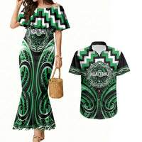 Aotearoa Ngai Tahu Personalised Couples Matching Mermaid Dress and Hawaiian Shirt Maori Iwi Poutama Puhoro Tattoo LT14 Green - Polynesian Pride