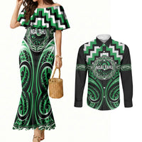 Aotearoa Ngai Tahu Personalised Couples Matching Mermaid Dress and Long Sleeve Button Shirt Maori Iwi Poutama Puhoro Tattoo LT14 Green - Polynesian Pride