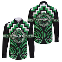 Aotearoa Ngai Tahu Personalised Family Matching Short Sleeve Bodycon Dress and Hawaiian Shirt Maori Iwi Poutama Puhoro Tattoo LT14 Dad's Shirt - Long Sleeve Green - Polynesian Pride