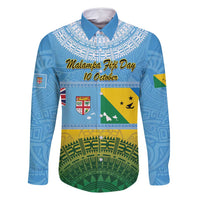 Personalised Malampa Fiji Day Family Matching Mermaid Dress and Hawaiian Shirt 10 October Fijian Tapa Flag Style LT14 Dad's Shirt - Long Sleeve Blue - Polynesian Pride