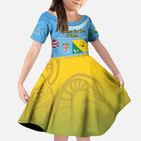 Personalised Malampa Fiji Day Family Matching Short Sleeve Bodycon Dress and Hawaiian Shirt 10 October Fijian Tapa Flag Style LT14 Daughter's Dress Blue - Polynesian Pride