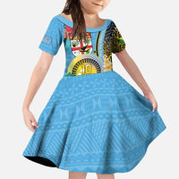 Vanuatu Malampa Fiji Day Family Matching Short Sleeve Bodycon Dress and Hawaiian Shirt Happy 10 October With Maps Tropical Flowers LT14 Daughter's Dress Blue - Polynesian Pride