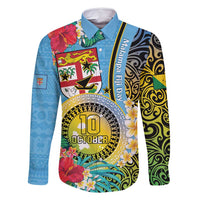 Vanuatu Malampa Fiji Day Family Matching Tank Maxi Dress and Hawaiian Shirt Happy 10 October With Maps Tropical Flowers LT14 Dad's Shirt - Long Sleeve Blue - Polynesian Pride