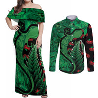 New Zealand Gecko Christmas Couples Matching Off Shoulder Maxi Dress and Long Sleeve Button Shirt Meri Kirihimete Paua Shell Mix Pohutukawa