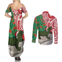 Personalised New Zealand Tuatara Christmas Couples Matching Summer Maxi Dress and Long Sleeve Button Shirt Meri Kirihimete Aotearoa Maori Mix Pohutukawa