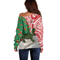 Personalised New Zealand Tuatara Christmas Off Shoulder Sweater Meri Kirihimete Aotearoa Maori Mix Pohutukawa