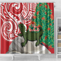 Personalised New Zealand Tuatara Christmas Shower Curtain Meri Kirihimete Aotearoa Maori Mix Pohutukawa