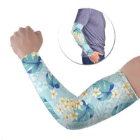 Pastel Cyan Tropical Hawaii Arm Sleeves Seamless Monstera Plumeria Hawaiian Pattern - Polynesian Pride