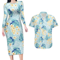 Pastel Cyan Tropical Hawaii Couples Matching Long Sleeve Bodycon Dress and Hawaiian Shirt Seamless Monstera Plumeria Hawaiian Pattern - Polynesian Pride