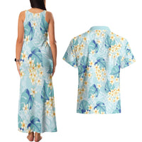 Pastel Cyan Tropical Hawaii Couples Matching Tank Maxi Dress and Hawaiian Shirt Seamless Monstera Plumeria Hawaiian Pattern - Polynesian Pride