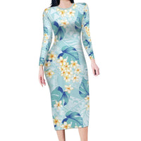 Pastel Cyan Tropical Hawaii Family Matching Long Sleeve Bodycon Dress and Hawaiian Shirt Seamless Monstera Plumeria Hawaiian Pattern - Polynesian Pride