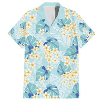 Pastel Cyan Tropical Hawaii Family Matching Off Shoulder Short Dress and Hawaiian Shirt Seamless Monstera Plumeria Hawaiian Pattern - Polynesian Pride