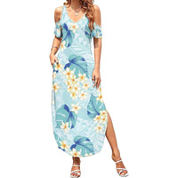 Pastel Cyan Tropical Hawaii Family Matching Summer Maxi Dress and Hawaiian Shirt Seamless Monstera Plumeria Hawaiian Pattern - Polynesian Pride