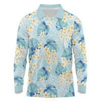 Pastel Cyan Tropical Hawaii Long Sleeve Polo Shirt Seamless Monstera Plumeria Hawaiian Pattern - Polynesian Pride