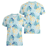 Pastel Cyan Tropical Hawaii Women V-Neck T-Shirt Seamless Monstera Plumeria Hawaiian Pattern - Polynesian Pride