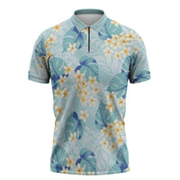Pastel Cyan Tropical Hawaii Zipper Polo Shirt Seamless Monstera Plumeria Hawaiian Pattern - Polynesian Pride
