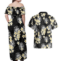 Black Tropical Hawaii Couples Matching Off Shoulder Maxi Dress and Hawaiian Shirt Seamless Monstera Plumeria Hawaiian Pattern - Polynesian Pride