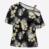 Black Tropical Hawaii Cross Shoulder Shirt Seamless Monstera Plumeria Hawaiian Pattern LT14 Female Black - Polynesian Pride